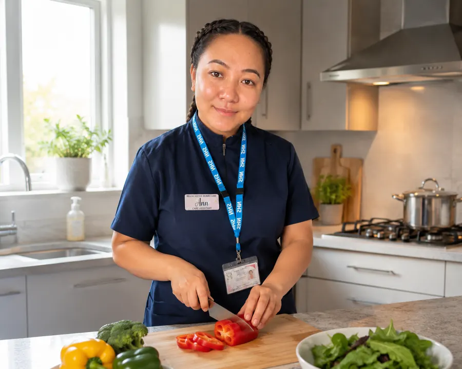 Live-in carer preparing a meal in a client's kitchen