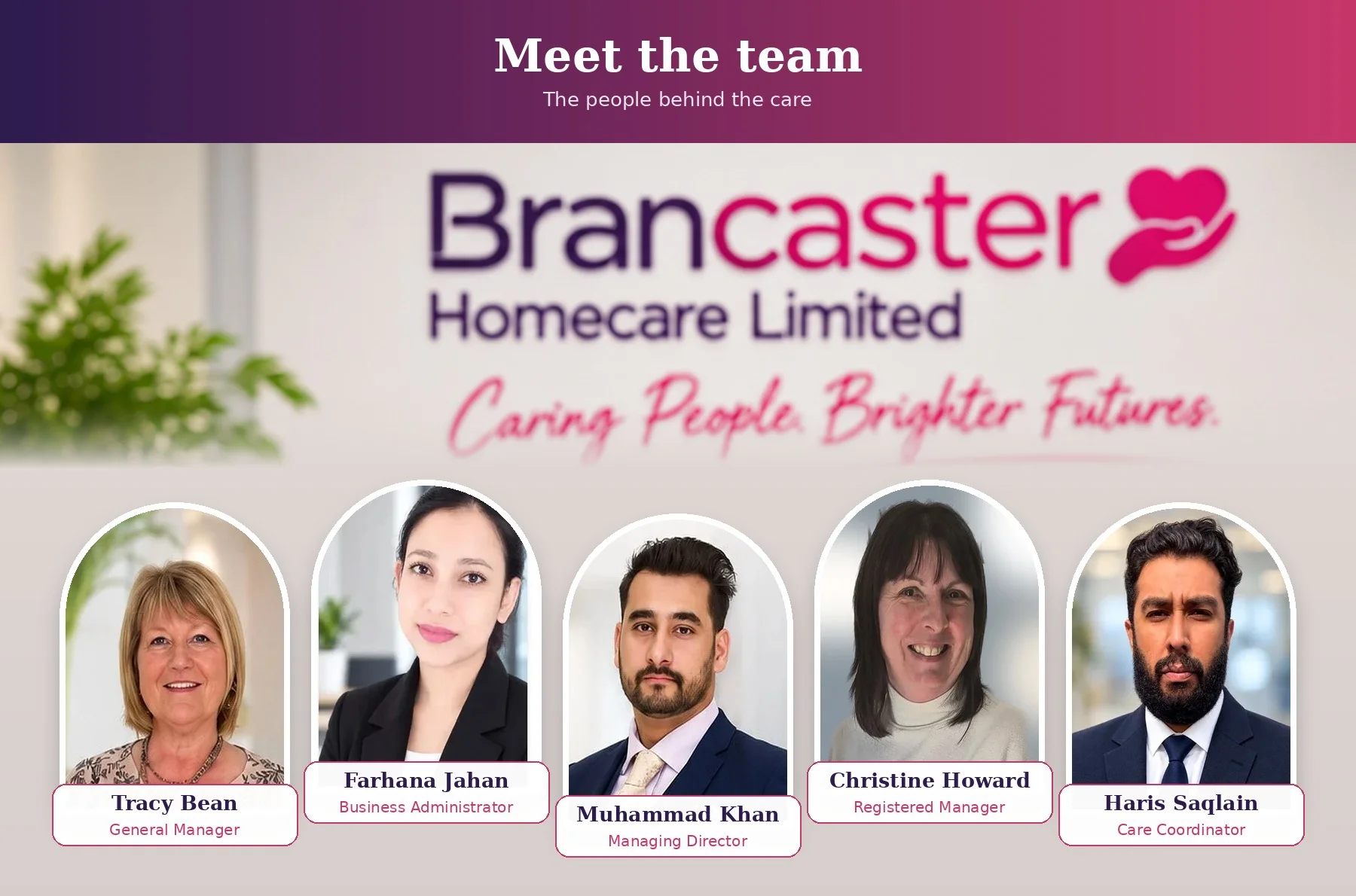 Meet the team, the people behind the care: Tracy Bean (General Manager), Farhana Jahan (Business Administrator), Muhammad Khan (Managing Director), Christine Howard (Registered Manager) and Haris Saqlain (Care Coordinator)